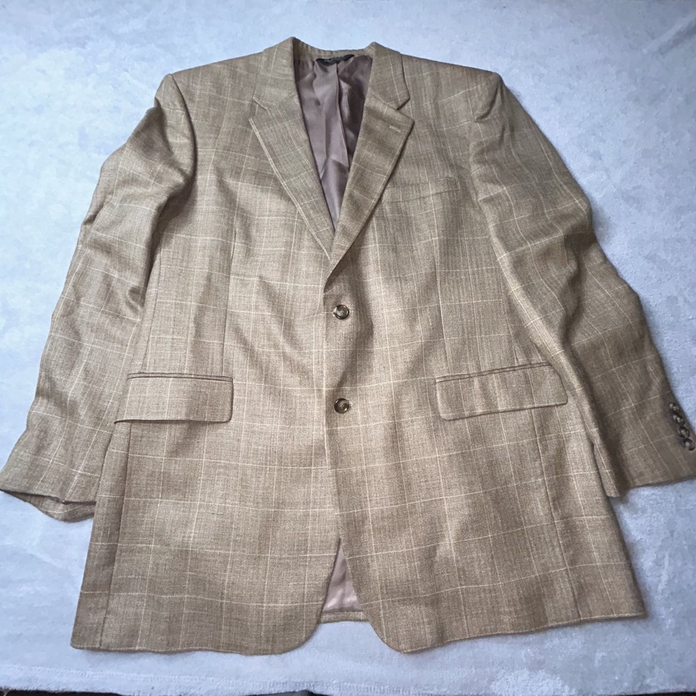 Jos A Bank Blazer Mens 46L Brown Check Silk Wool Linen  Coat Two Button window